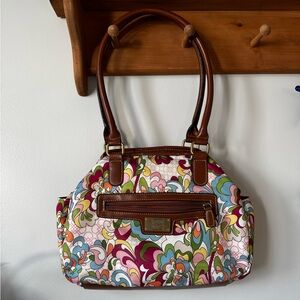 Colorful Floral Tote Bag with Brown Trim